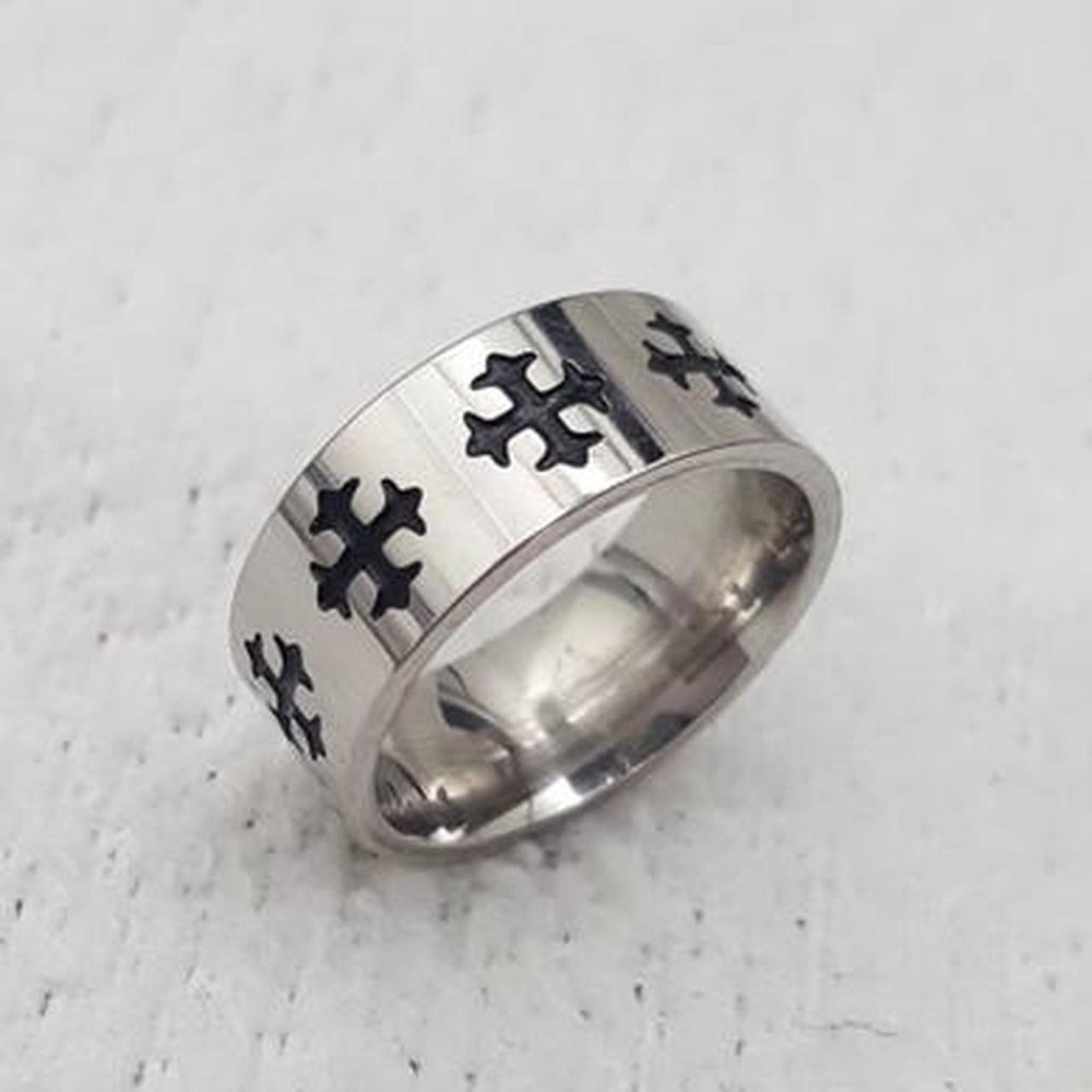 Silver Stainless Steel Black Enamel Cross Band Ring Size - 11.50